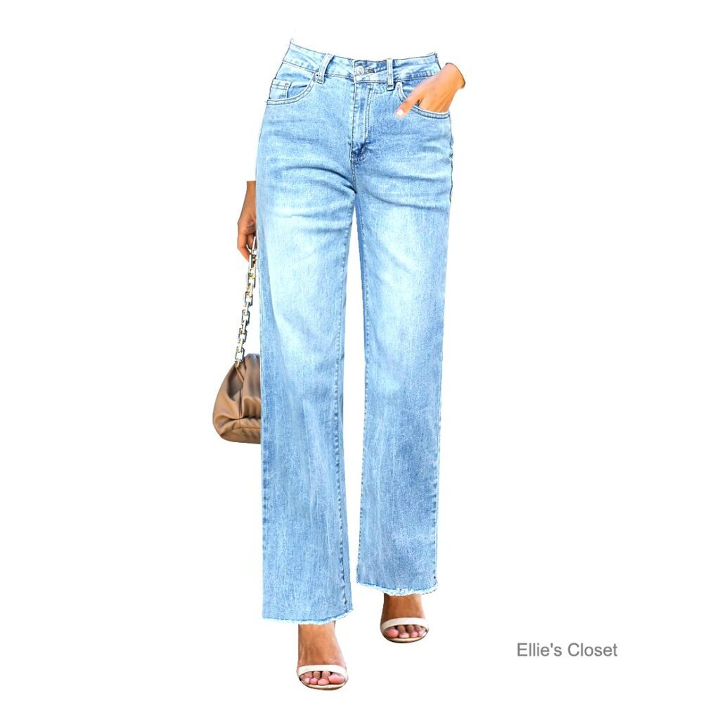 High Waisted Straight Leg Jeans with Frayed Raw Hem Stretchy Denim